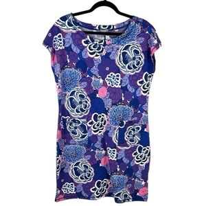 T by Talbots Casual Floral Cotton Modal Short Sleeve Dress Large Petite Blue